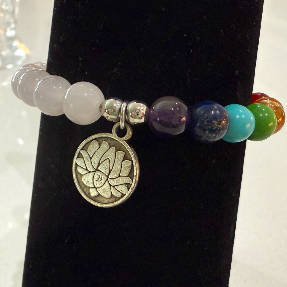 Lotus Blossom Charm Rose Quartz and Glass Bead Bracelet